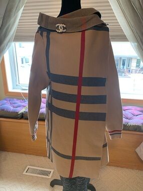 Camel Plaid Knit Cape with Red Stripe ( New)